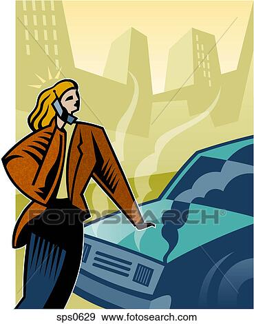 Stock Illustration - A woman with a broken down car. Fotosearch