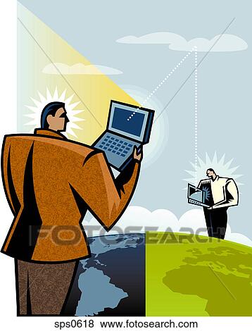 Two men communicating across the globe View Large Illustration Stock Illustration - Two men communicating across the globe. Fotosearch
