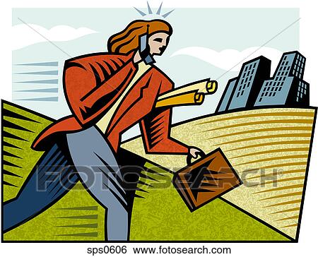 Stock Illustration - A businesswoman carrying a briefcase and talking on the phone. Fotosearch