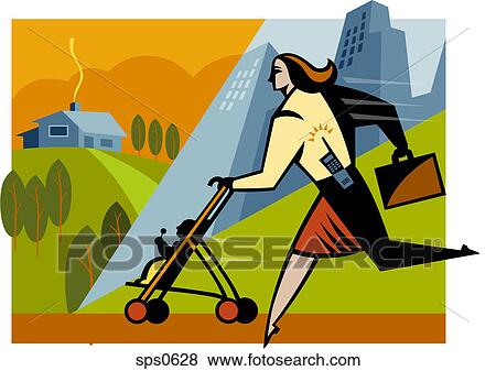 Stock Illustration - A businesswoman walking with her daughter in a stroller. Fotosearch