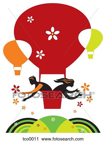 Clip Art - A couple celebrating at a hot air balloon festival. Fotosearch