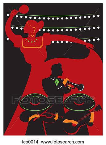 Stock Illustration - A dancer and musicians performing at a Latin festival. Fotosearch