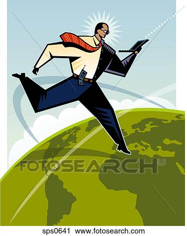 A man leaping over the globe while using a laptop View Large Illustration Clip Art - A man leaping over the globe while using a laptop. Fotosearch