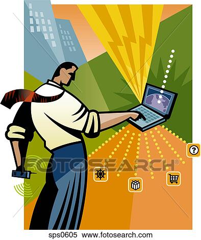 Stock Illustration - A man navigating online. Fotosearch