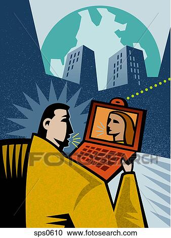 Clipart - A man participating in a web conference. Fotosearch