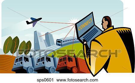 Clip Art - A man using a laptop computer to do freight busines online. Fotosearch