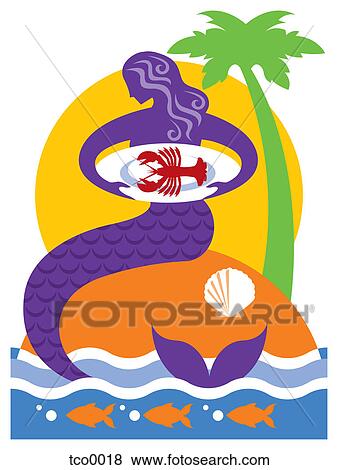 Stock Illustration - A mermaid holding a plate of lobster at a seafood festival. Fotosearch