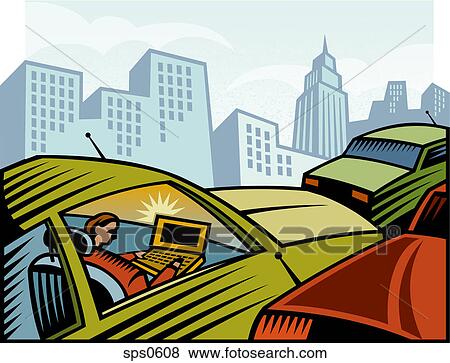 A woman doing work while in traffic View Large Illustration Stock Illustration - A woman doing work while in traffic. Fotosearch