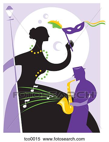 Stock Illustration - A woman in costume and a musician at Mardi Gras. Fotosearch