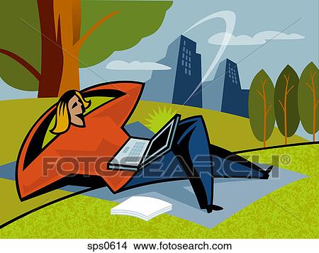 Stock Illustration - A woman using a laptop in the park. Fotosearch