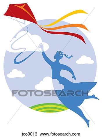 A young woman flying a kite at a kite festival View Large Illustration Drawing - A young woman flying a kite at a kite festival. Fotosearch