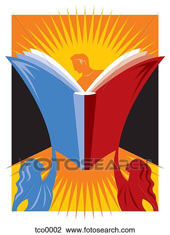 Drawing - An illustration about book festivals showing a man reading a giant book held up by two women. Fotosearch