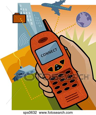 Connecting to the internet via cell phone View Large Illustration Drawing - Connecting to the internet via cell phone. Fotosearch