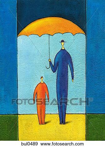 Stock Illustration - A painting of a man holding an umbrella over him and a child. Fotosearch