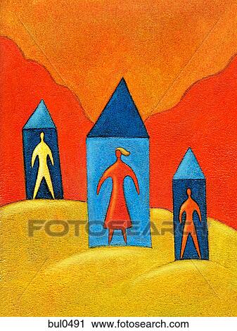 Clip Art - Three people in three houses next to each other. Fotosearch