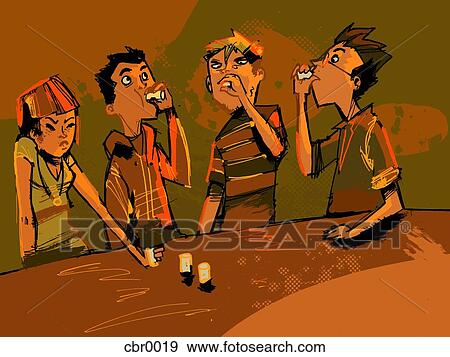 Stock Illustration - A group of people doing shots at a bar. Fotosearch