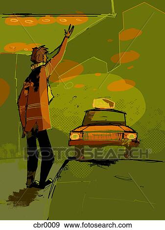 Stock Illustration - A man hailing a taxi cab. Fotosearch