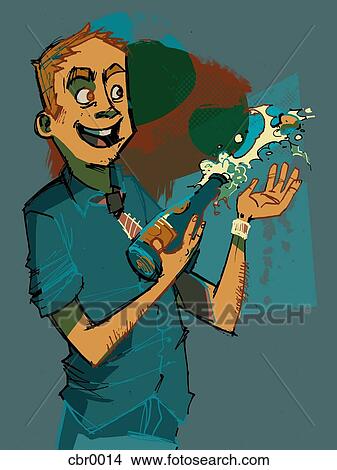 A man popping open a bottle of champagne View Large Illustration Stock Illustration - A man popping open a bottle of champagne. Fotosearch