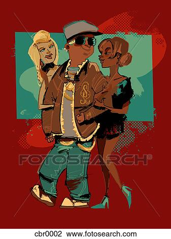 A man with attractive women on either side of him View Large Illustration Drawing - A man with attractive women on either side of him. Fotosearch