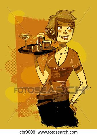 Stock Illustration - A waitress serving drinks. Fotosearch