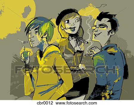 Three people smoking cigarettes View Large Illustration Drawing - Three people smoking cigarettes. Fotosearch
