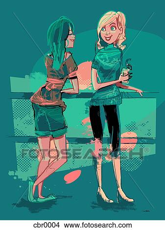 Two women having drinks and talking at a bar View Large Illustration Stock Illustration - Two women having drinks and talking at a bar. Fotosearch