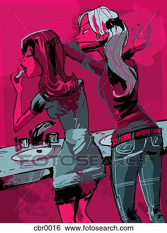 Stock Illustration - Two women putting on lipstick and doing their hair in a restroom. Fotosearch
