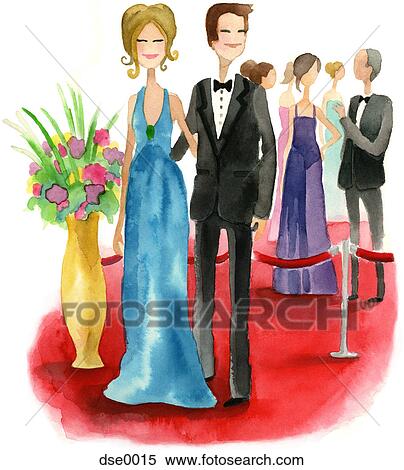 Stock Illustration - A watercolor illustration of a couple on the red carpet. Fotosearch