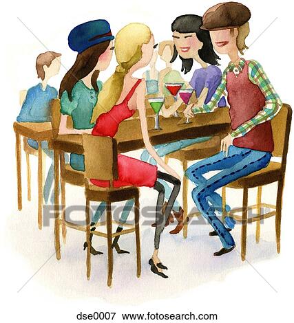 Stock Illustration - A watercolor illustration of people at a martini bar. Fotosearch