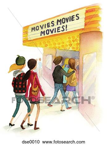 Clipart - A watercolor illustration of people going to a movie theater. Fotosearch