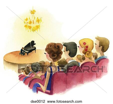 Drawing - A watercolor illustration of people watching a concert pianist. Fotosearch