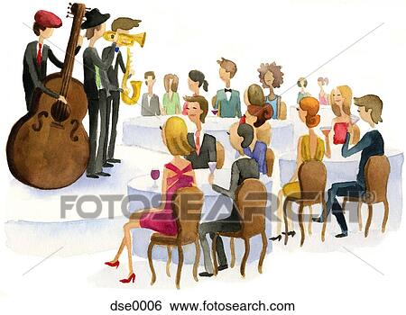 A watercolor illustration of people watching a jazz band perform View Large Illustration Stock Illustration - A watercolor illustration of people watching a jazz band perform. Fotosearch