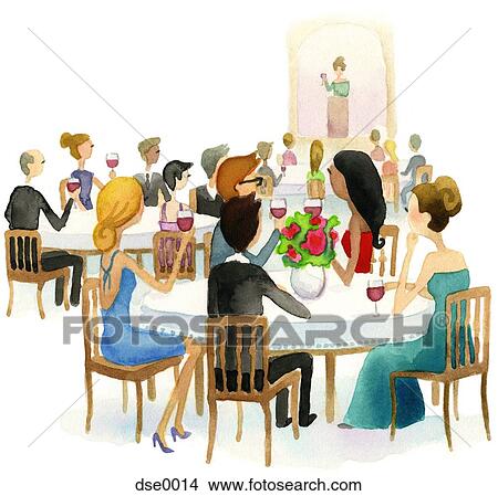 Stock Illustration - A watercolor illustration of people raising their wine glasses during a toast. Fotosearch