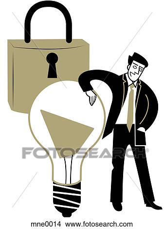 Stock Illustration - A business man leaning on a light bulb in front of a padlock. Fotosearch