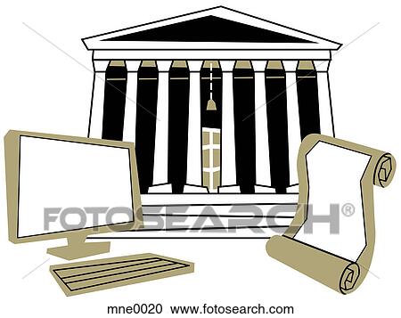 A computer and a scroll in front of a traditional court house building View Large Illustration Clipart - A computer and a scroll in front of a traditional court house building. Fotosearch