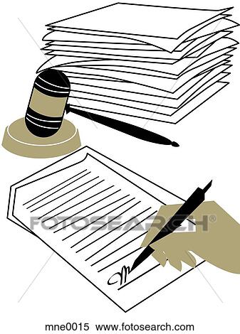 Stock Illustration - A hand signing a contract, a stack of documents and a judges gavel. Fotosearch