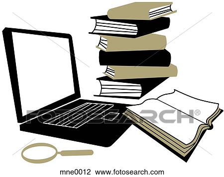 Drawing - A laptop computer, a magnifying glass and a stack of books. Fotosearch