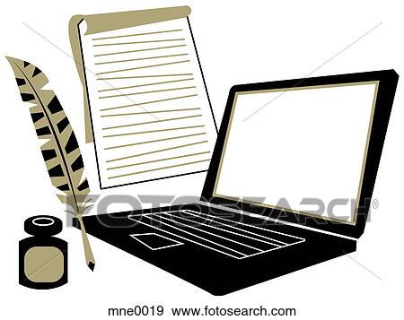 A laptop computer, a notepad, a quill and inkwell View Large Illustration Stock Illustration - A laptop computer, a notepad, a quill and inkwell. Fotosearch