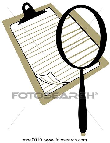 A magnifying glass on a clipboard View Large Illustration Clipart - A magnifying glass on a clipboard. Fotosearch