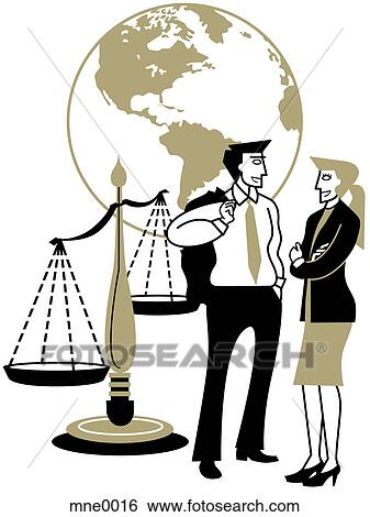 Stock Illustration - A man and woman talking in front of the globe and Scales of Justice. Fotosearch