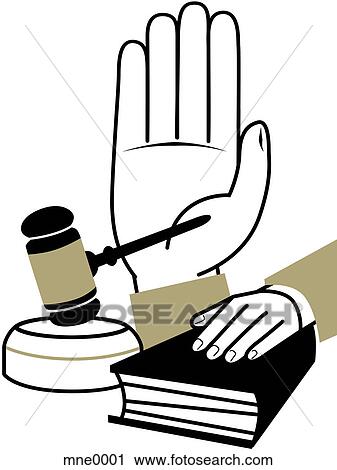 Clip Art - A montage illustration of a hand taking an oath, a hand on a bible, and a judges gavel. Fotosearch