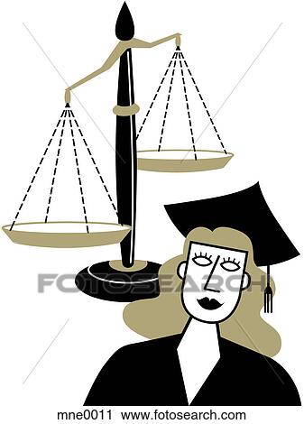 A woman in a graduation cap and gown in front of the Scales of Justice View Large Illustration Clip Art - A woman in a graduation cap and gown in front of the Scales of Justice. Fotosearch