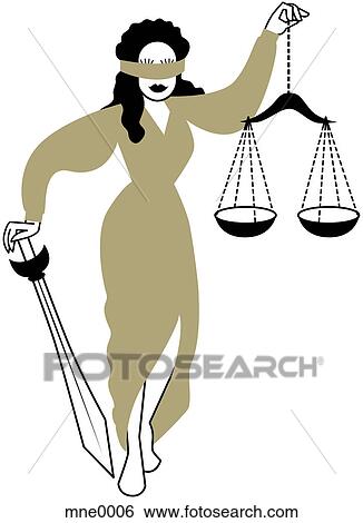 An illustration of Lady Justice blindfolded, holding scales and a sword
