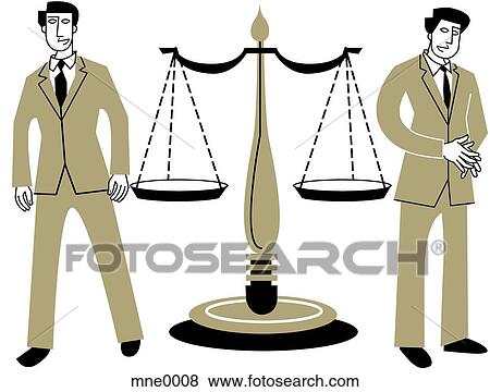 Stock Illustration - The Scales of Justice with a man standing on either side. Fotosearch