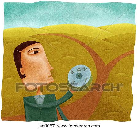 Stock Illustration - A businessman holding a compass in front of a path that splits in two. Fotosearch