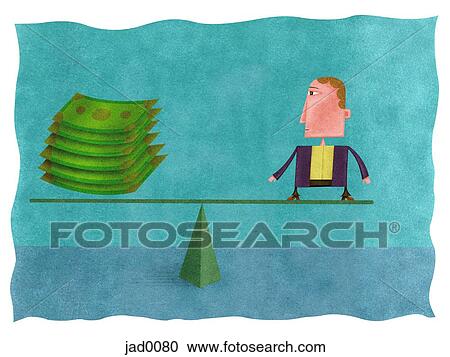 Clipart - A businessman on a seesaw with a stack of money. Fotosearch