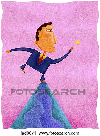 Clip Art - A businessman on the peak of a mountain reaching for a star. Fotosearch