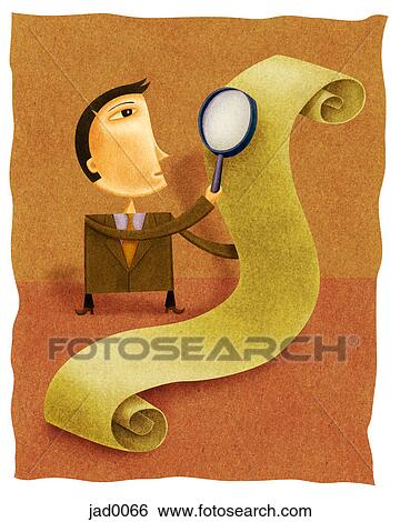 A businessman using a magnifying glass to examine a long list View Large Illustration Stock Illustration - A businessman using a magnifying glass to examine a long list. Fotosearch