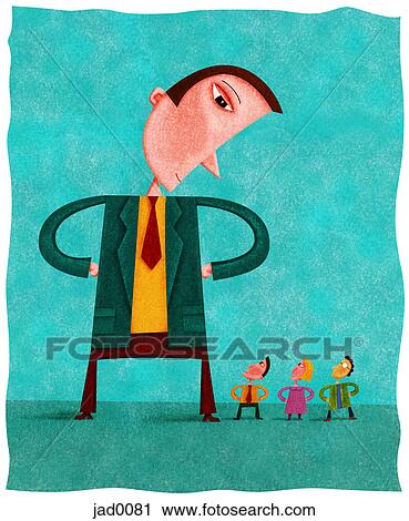Clip Art - A giant businessman looking down on three small people. Fotosearch