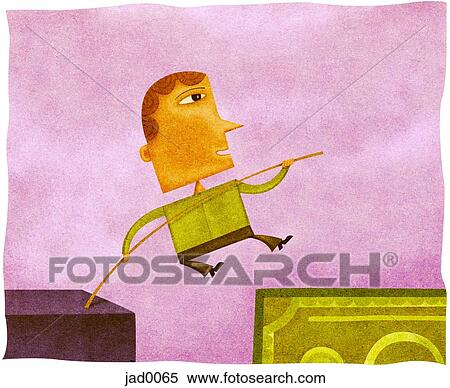 Stock Illustration - A man high jumping over a gap onto a bank note. Fotosearch